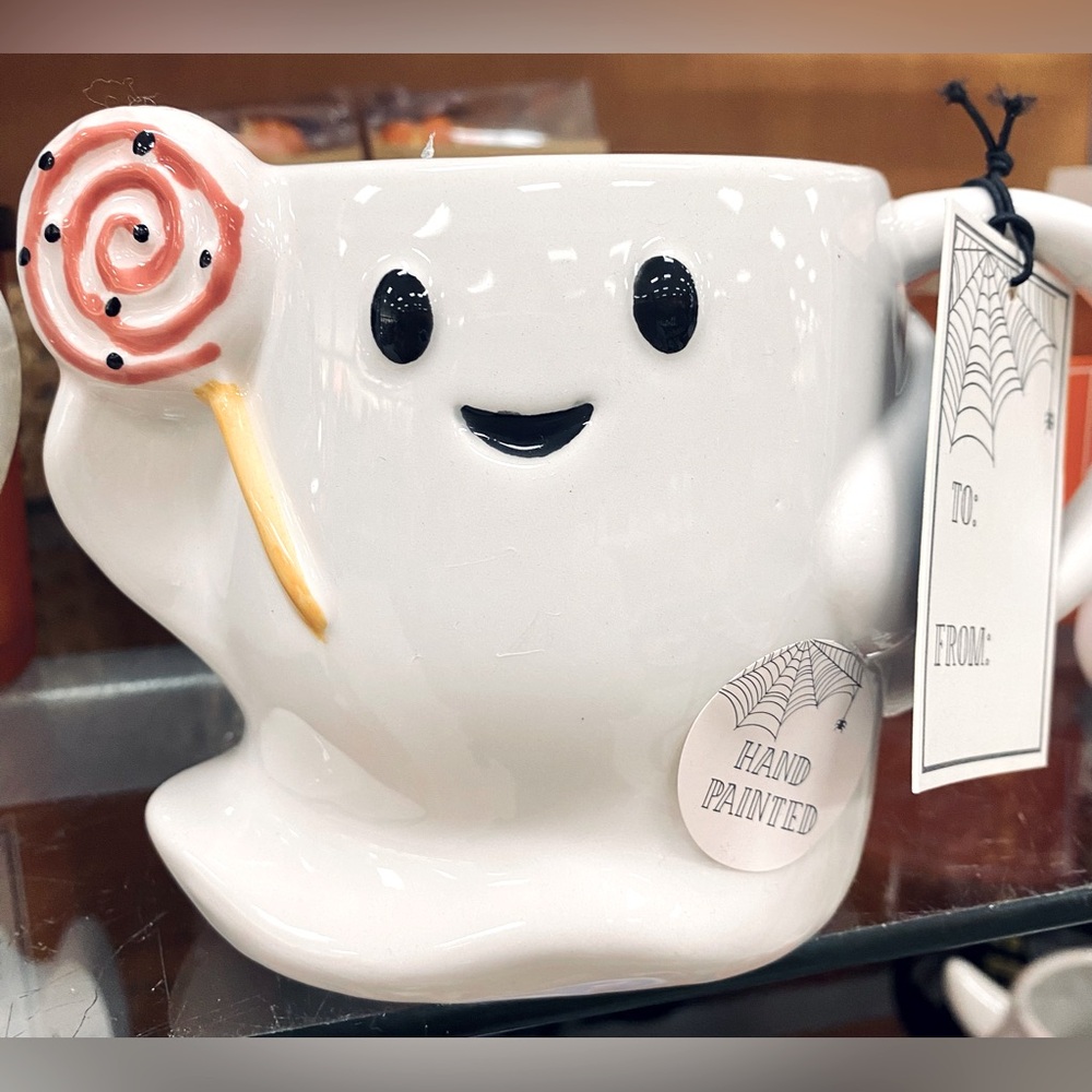 Ghost Mug Holding a Lollipop by Cobwebs & Cauldrons Halloween Mug, Brand New!
